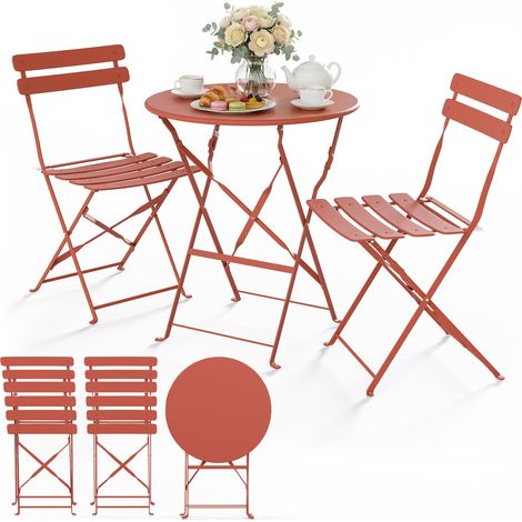 VOUNOT® Set Bistrot Pieghevole 3 Pezzi in Metallo, Set Tavolo e 2 Sedie da Giardino Salvaspazio, Rosso Mattone