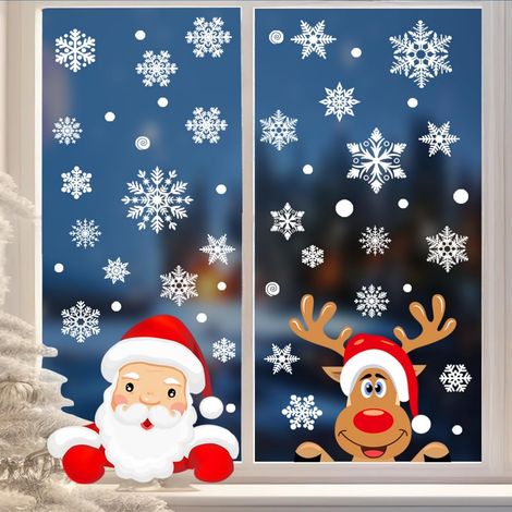 Juego de decoración navideña para ventanas (4 láminas/105 piezas): Papá Noel, renos  Decoración estática de PVC.