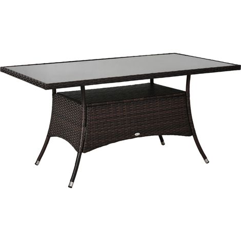Table de jardin en polyrattan avec plateau en verre sécurit 150x85x74 cm, couleur marron et noir (1/5)