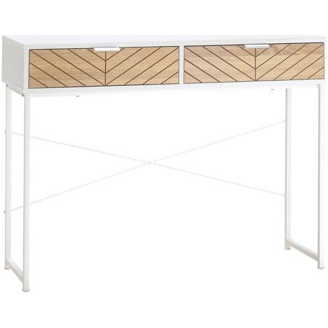 Table Console Industriel 2 tiroirs Aspect Bois de chêne sculpté Motif à Chevrons piètement métal Blanc