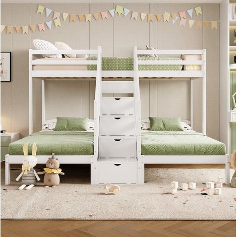 Cama triple infantil 90x200 cm de pino blanco con almacenaje, sin colchón – MEUBLIV (1/5)