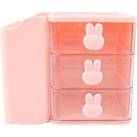 Organiseur de bureau rose avec tiroirs, porte-stylo et rangement pour pinceaux de maquillage. (1/4)