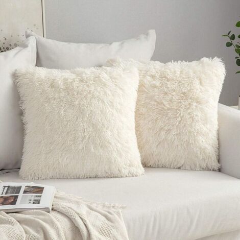 Lot de 2 Housse de Coussin de Canapé Fourrure de Luxe Decoration canapé Maison Chambre Lit Super Doux Peluche Taie d'oreiller Décorative 40X40cm 16X16 Pouces Beige (1/4)