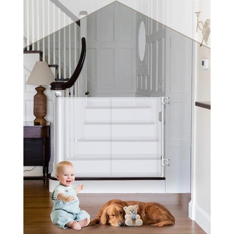 Barrière de Sécurité Pour Bébés Chiens Rétractables Durables 0-180 cm de Large Hauteur 86cm Facile à Installer Porte d’escalier Rétractable Porte Rétractable en PVC Porte pour la maison (Blanc) (1/5)