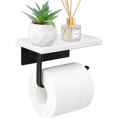 Marble toilet paper holder with shelf, matte black toilet roll holder, screw-on wall mount, stainless steel toilet roll holder with storage (1/4)