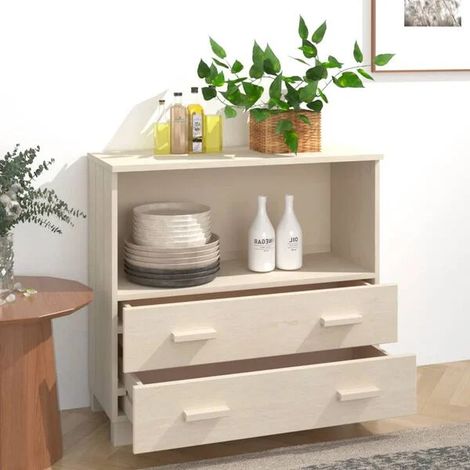 Buffet de Salle à Manger en Bois Massif Pin, 85x35x80 cm, Couleur Miel, Meuble de Rangement avec Étagères (1/5)