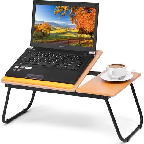 GOPLUS Table d’Ordinateur Pliable, Table de Lit Adjustable avec Plateau 4 Angles d’Inclinaison et Dispositif Inferieur, Support de Souris Lateral, Tapis Antiderapants, 62 x 32 x 23 CM (1/5)