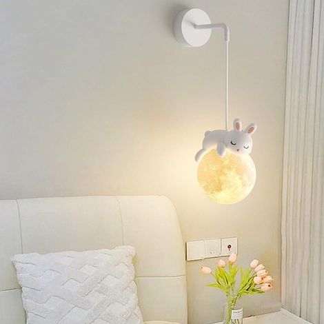 Wandleuchte mit Kabel für Kinderzimmer, 3D, Mondkugel, Schlafzimmer, niedliche Cartoon-Tiere, Hase, Panda, Bär, dimmbare nordische Nachttischlampe (Hase)