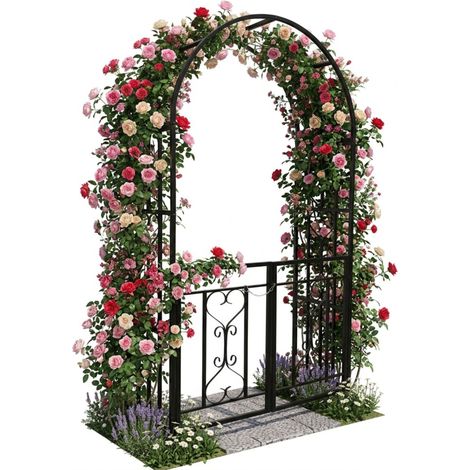 Relaxdays metal rose arch, round garden arch with gate, HxWxD: 206 x 114 x 50 cm, double door, romantic, black (1/5)
