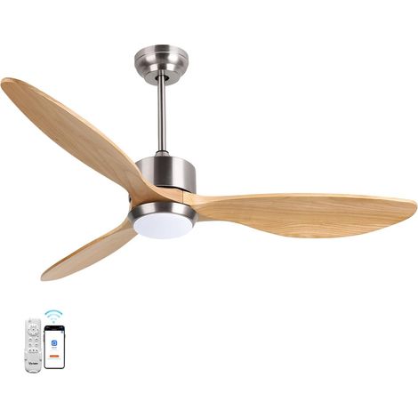 Ventilateur Plafond avec Lumiere LED, 132 CM Ventilateur Plafond Silencieux avec Telecommande et Moteur CC, Plafonnier Ventilateur avec 3 Bois Pales Réversibles pour été hiver, Bois Naturel (1/5)