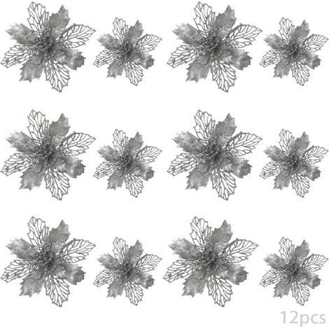 12pcs Fleur de Simulation de Noël,Fleur de Noël Poinsettia, Fleur de Noel,Fleur de Noël pour SapinDecoration Noel Sapin,Fleurs de Noël Artificielles (argent) (1/5)