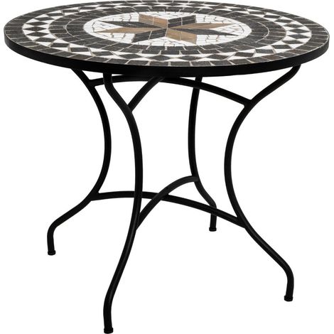 Pegane – Table de repas ronde en mosaïque noir – D. 90 cm x H. 75 cm – Fer, grès, pierre, ciment – Montage facile, design élégant (1/3)
