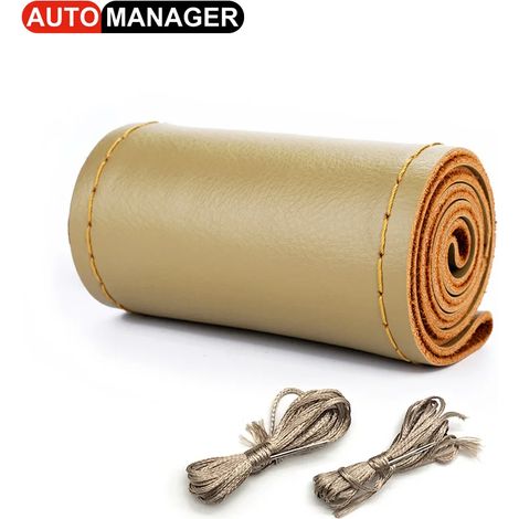Housse de volant tressée en cuir véritable beige, 15 pouces, pour voiture. Accessoire intérieur idéal. (1/5)