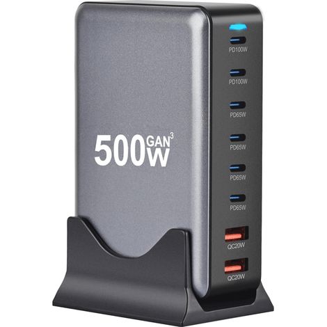 Caricabatterie da 500 W, GaNFastIII a 8 porte, 2 porte singole da 100 W, supporta PD3.0, 8 porte di ricarica rapida simultanee, 2 x 100 W, 4 x 65 W, QC20 W, 6 USB-C e 2 USB-A, design verticale salvasp (1/2)