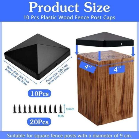 – Capuchons de poteau de clôture en plastique noir 10x10 cm – Protection contre intempéries – Lot de 10 avec 20 vis – Pour poteaux en bois (1/3)