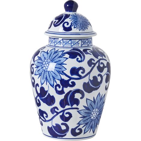 Jarrón con tapa florero con tapa accesorio decorativo porcelana blanco y azul Cuenca