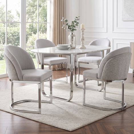 4 sillas de comedor, cómodas y transpirables, adecuadas para restaurantes, salas de estar, cafeterías y otros lugares, estilo moderno, patas de silla galvanizadas en plata, tela de chenilla, gris clar (1/5)