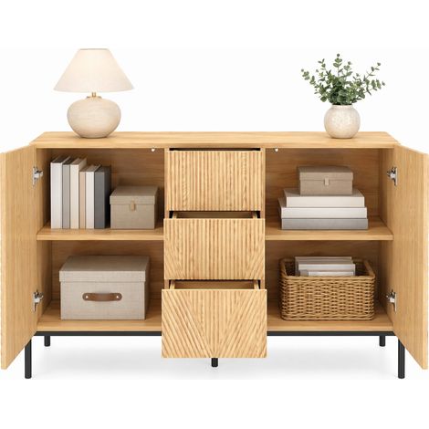 Buffet de rangement MDF bois clair 2 portes et rangement central, design géométrique, grand espace de stockage pour salon, salle à manger et entrée CHICFURN (1/5)