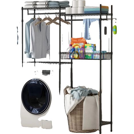 Scaffale portaoggetti a quattro ripiani, con organizer regolabile, colore nero. (1/2)