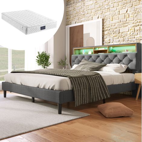 Cama doble tapizada con almacenaje y LED gris OKMYHOME (1/5)
