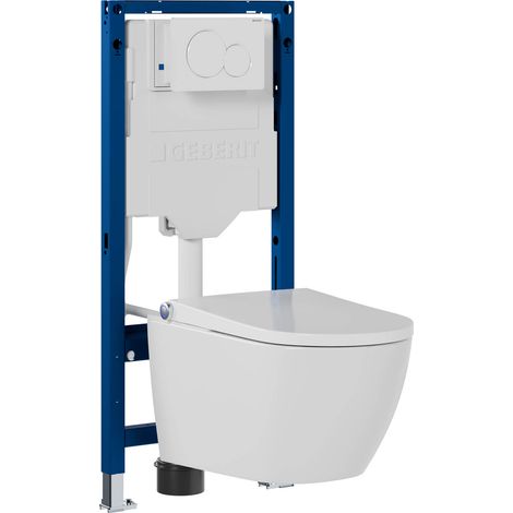 BERNSTEIN - Pack WC japonais Basic 1102 + Bâti-support Geberit, Toilettes suspendu lavant - 38x59x38cm - Plaque Blanc Brillant