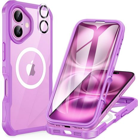 Magnétique Coque iPhone 16 Plus, Compatible avec MagSafe intégré Verre Trempé Protection écran et Protecteur Caméra, 360° Antichoc Téléphone Housse Double Face Case Intégrale Etui - Rose Rouge (1/5)