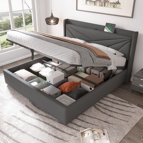 Letto matrimoniale 180x200 cm grigio in cotone e lino con testiera geometrica, USB e contenitore (1/5)