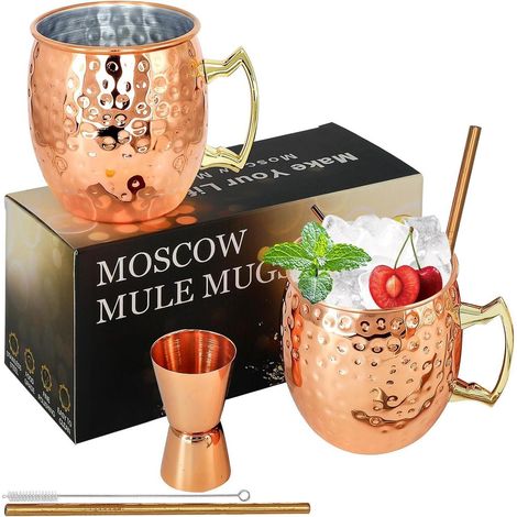 Kupferbecher Moscow Mule Set 2x 530ml Edelstahl Cocktail Tassen 7tlg (1/5)