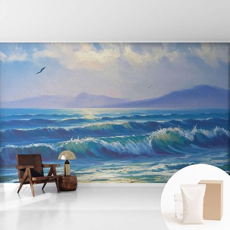 Newroom Tapete Dekorative Vliestapete mit Kleber Modern für Wohnzimmer Schlafzimmer Meereswellen 416x254 cm (1/5)
