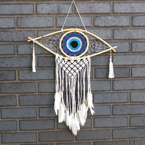 Protection Dream Cather - Med Macrame Evil Eye Bleu/Blanc/Noir- Vendu par 1 (1/3)