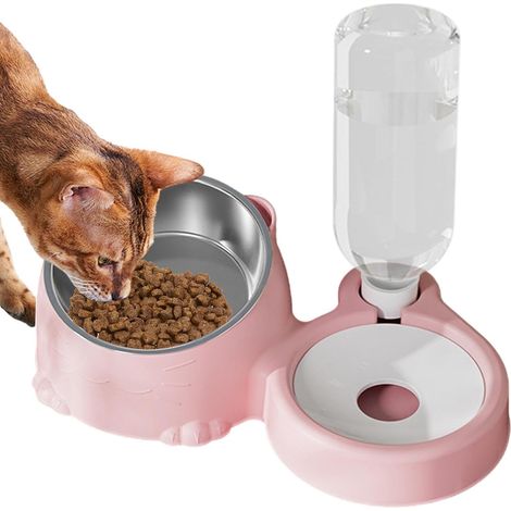 Katzenfutter- und Wasserset, schräger Futternapf, Edelstahlnapf, automatischer Wasserspender. (1/5)