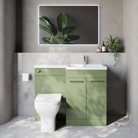 Napoli 460 Olive Green 1100mm 2 Door Vanity Unit Toilet Suite with Right Hand Square Lucia Basin - 1100mm - Chrome 160mm HandleWith Kingston Toilet Pan and Seat