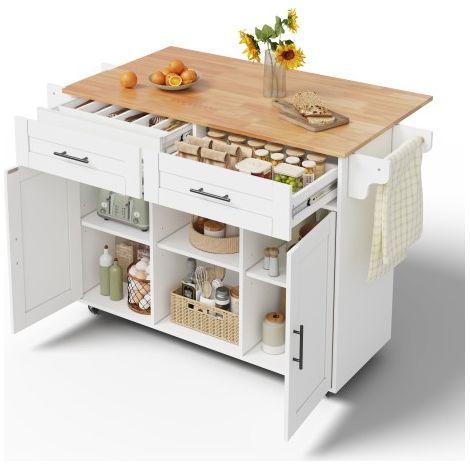 Kücheninsel auf Rollen – Mobiler Küchenwagen – Multifunktionswagen mit klappbarer Arbeitsplatte – 145 cm – Holzoptik