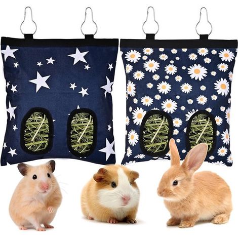 Lot de 2 sacs à foin pour lapins et cochons d'Inde - 19 x 24 cm - Sac à foin à 2 trous - Râtelier à foin suspendu (1/5)