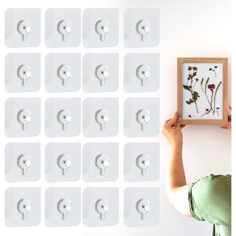 Lot de 20 crochets adhésifs pour cadres photo - Crochets auto-adhésifs - Crochets de suspension sans clous - Pour photos, affiches, tableaux et étagères - Transparent (1/5)