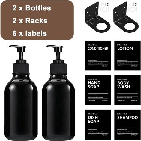 (Ensemble noir brillant) Distributeur de savon de 2 pièces (500 ml) avec étiquettes, support mural pour flacon de shampoing rechargeable, crochet, accessoires de salle de bain (1/5)