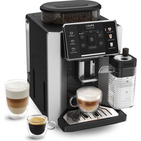 Krups Sensation Milk M50, Macchina Caffè Chicchi con Touch Screen Intuitivo, Tecnologia Milk Maestro per Creare 6 Bevande, Serbatoio del Latte Integrato, Pulizia Automatica, 1450 W, EA912E, Argento