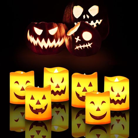 Lot de 6 Bougies LED Halloween Citrouille Sans Flamme, 3 Visages Effrayants, Fonctionnement à Piles, Décoration de Table (1/5)