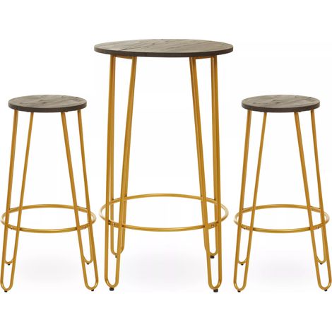 Interiors by Premier Set of 3 Gold Frame Bar Table Stool Set , Hairpin Stool for Kitchen Counter, Elm Wood Metal Frame Stool (1/5)