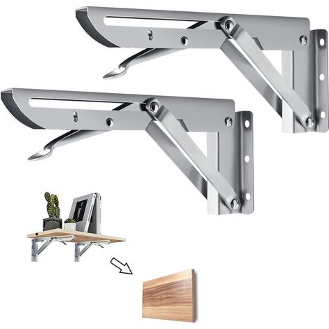 Équerre Pliante 200mm, 2 Pièces Étagère Pliante en Acier Inoxydable Support Console Pliable Equerre pour Etagere Murale, Cadre de Support D'étagère de Garage Charge Max 40kg (1/5)