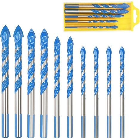 Forets Pour Carrelage Verre, 10 Pcs Foret Multi-matériaux Triangle Porcelaine Forage Métalliques Pour Carrelage Verre Marbre Miroir Bois, 6mm/ 8mm/ 10mm/ 12mm (1/5)