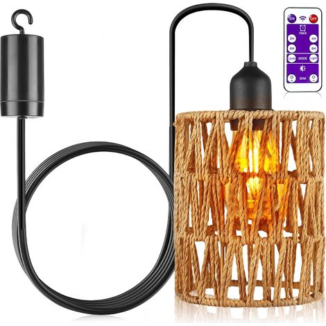 Suspension avec batterie, lampe à piles avec télécommande, suspension sans connexion d'alimentation, lampe en rotin, lampe bohème pour patio, jardin, salon, chambre à coucher (1/5)