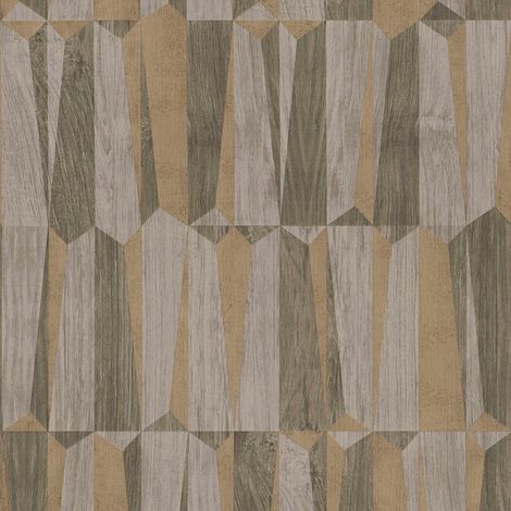 Papier peint géométrique marron et greige Tapisserie graphique aspect bois Papier peint moderne style naturel idéal pour cuisine (1/4)
