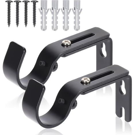 Supports de tringle à rideaux haut de gamme pour fixation murale - Crochets réglables, supports en fer pour tringle de 2,5 cm de diamètre - Noir (2 pièces) (1/5)