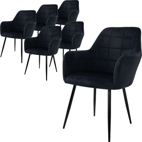 ECD Germany Set 6x Sedie da Pranzo Nero Poltrone Imbottite in Velluto - Stile Design Retro Vintage Scandinavo - Gambe in Metallo - per Sala da Pranzo Soggiorno Cucina o Ufficio