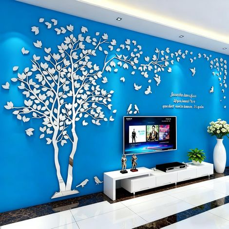 Stickers Muraux Arbre - Stickers 3D DIY Mural Autocollants Arts Décoration de la Maison pour le Salon Chambre Sticker (Argent Gauche,L-300  150cm) (1/5)