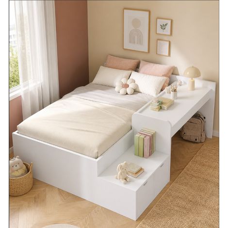 Letto singolo per bambini con scrivania e 2 cassetti, 90x200 cm, legno massello e MDF bianco, con testiera e rete a doghe (1/5)