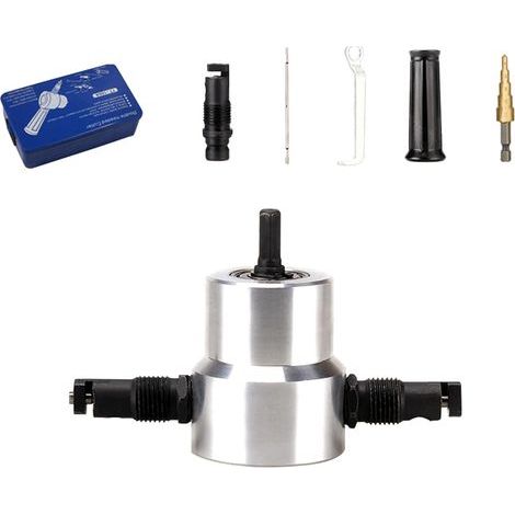 Pince à tôle à double tête - Grignoteuse électrique - Scie à fer - Outil de coupe - Accessoire de perceuse - Pince à grignoteuse - Fixation de perceuse à double tête - Tôle métallique (1/5)