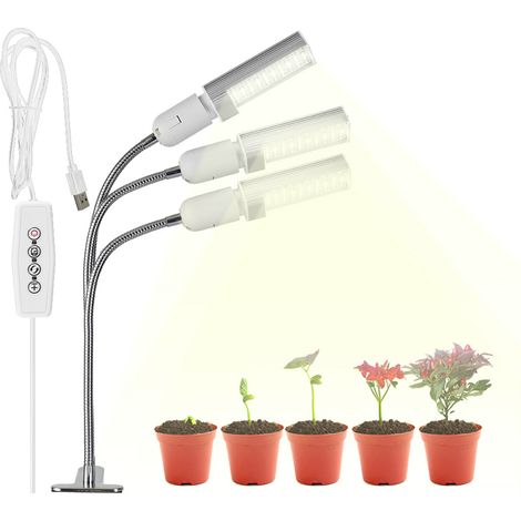 Lampe culture LED 30W 150 LED très lumineux plein spectre solaire plantes d'intérieur 3 têtes col 360° flexible minuterie 3/6/12h auto 5 variateurs pince bureau ampoule remplaçable (1/3)