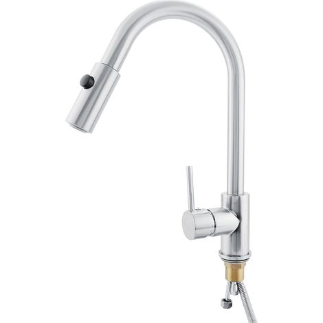 Robinet d'évier de cuisine en laiton à poignée unique et douchette extractible, finition nickel brossé (EU G3/8") (1/5)